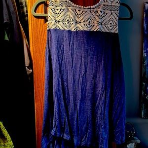 Blue tank top with crochet neckline
